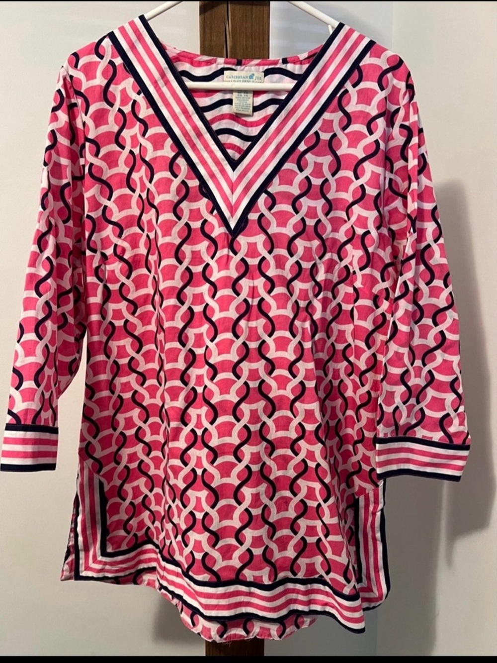 Caribbean Joe Pink and Navy Wave-Striped V-Neck Tunic